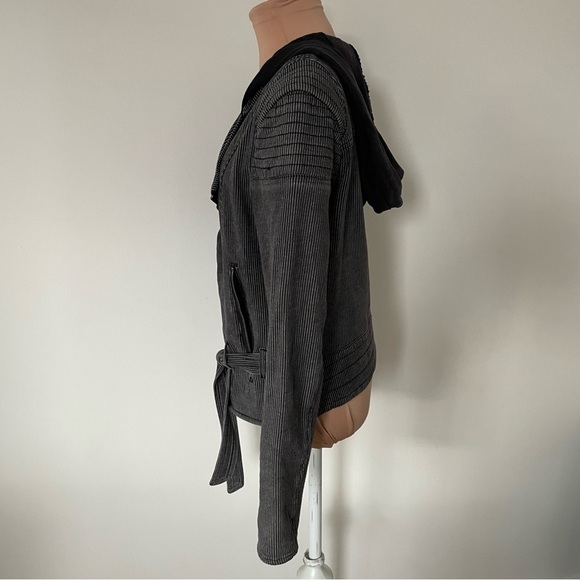 Free People Striped Knit Gray Cotton Pinstripe Hooded Moto Jacket EUC Size Small - Picture 5 of 11